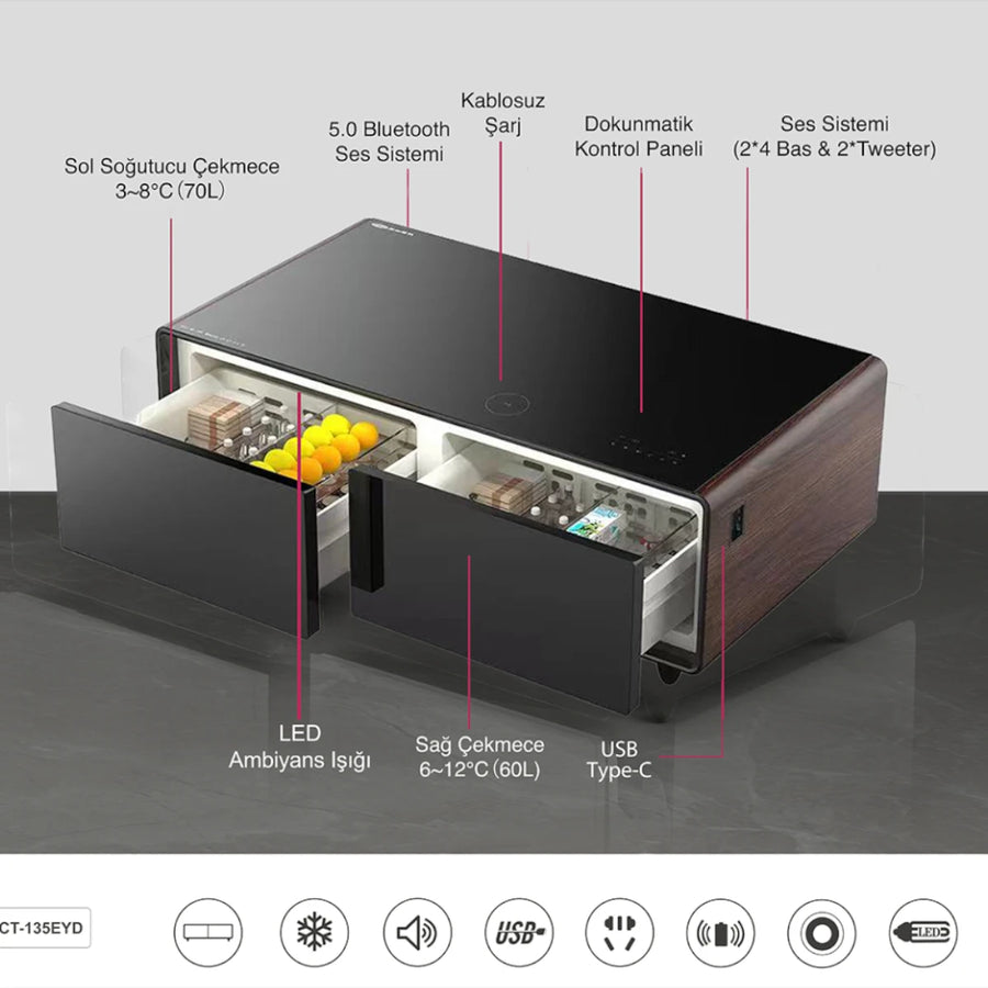 Akıllı Sehpa Buzdolabı | Bluetooth Ses · Kablosuz Şarj · RGB – Ahşap