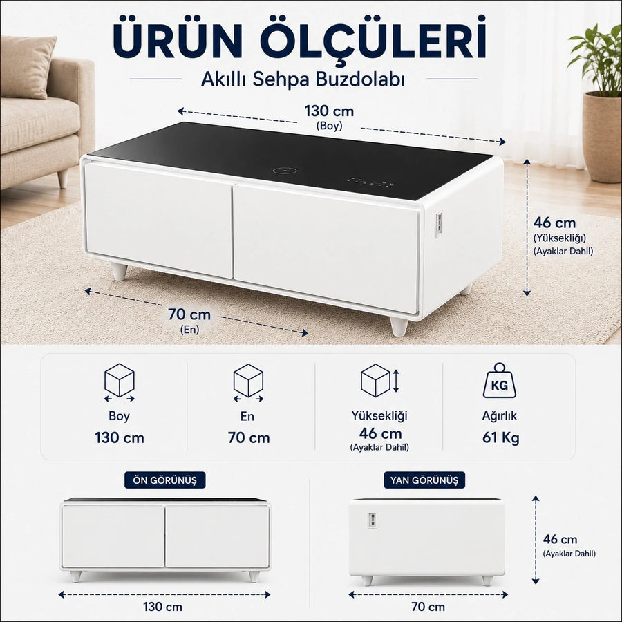 Akıllı Sehpa Buzdolabı | Bluetooth Ses · Kablosuz Şarj · PRO-Beyaz