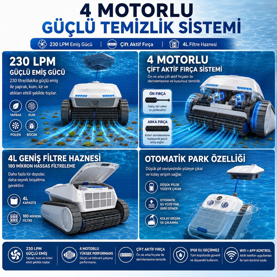 Havuz Temizleme Robotu · Kablosuz Akülü · 4 Alan