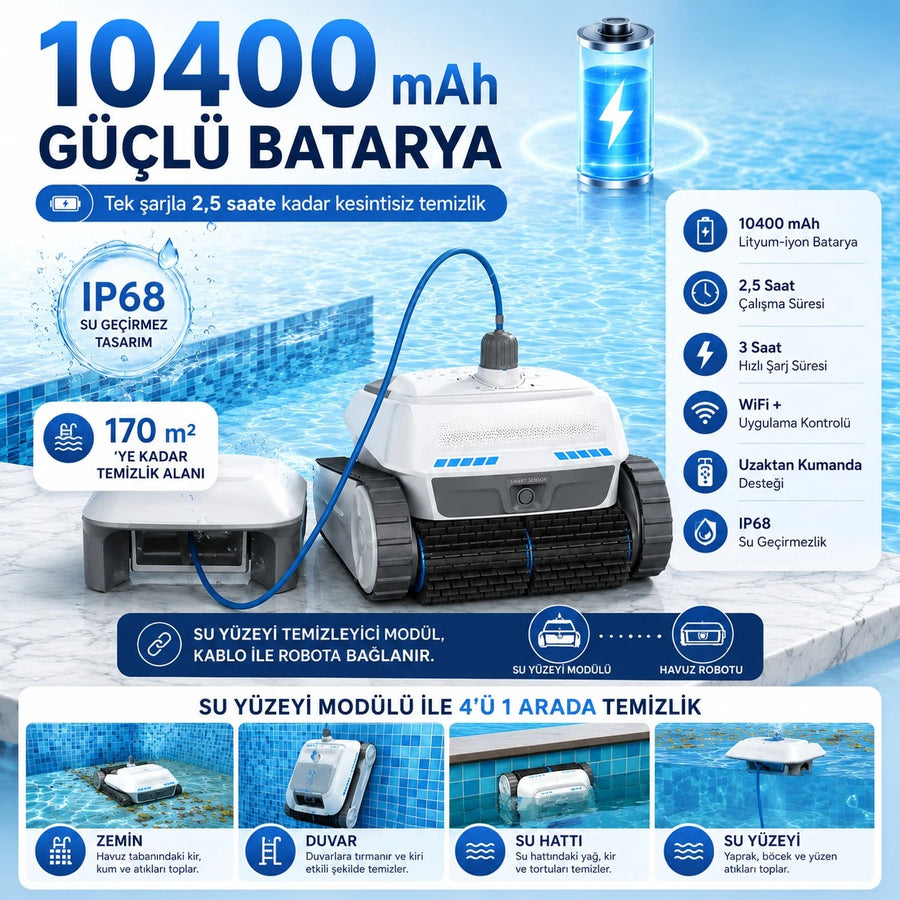 Havuz Temizleme Robotu · Kablosuz Akülü · 4 Alan