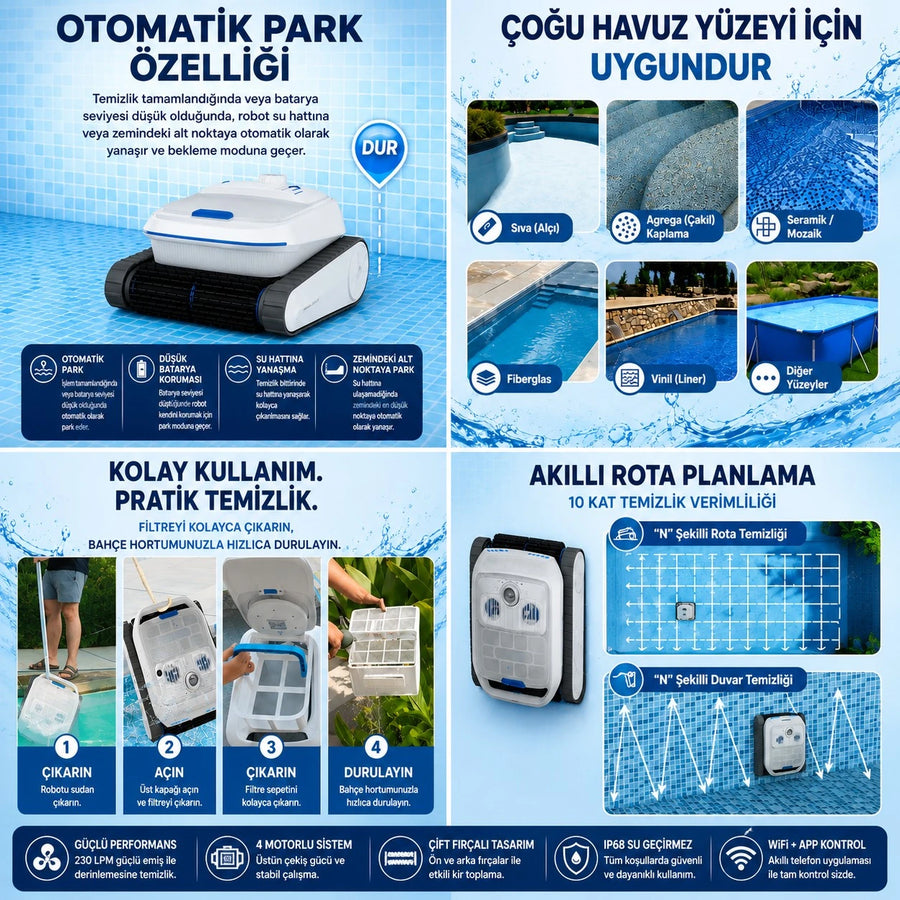 Havuz Temizleme Robotu · Kablosuz Akülü · 4 Alan