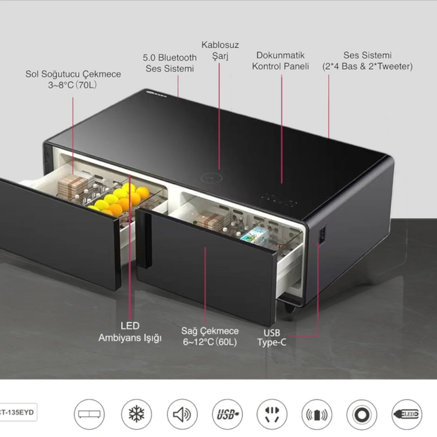 Akıllı Sehpa Buzdolabı | Bluetooth Ses · Kablosuz Şarj · PRO-Siyah